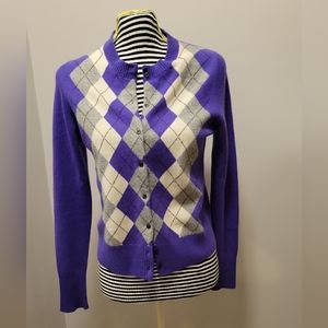 J. Crew 100% Cashmere Purple Argyle Cardigan